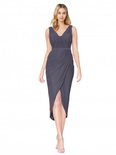 Buy High Neck Cocktail Length Soft Chiffon Slate Grey Sleeveless High Low Evening Dress UK