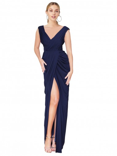 Buy High Neck Long Soft Chiffon Dark Navy Mermaid Sleeveless Formal Evening Dress UK