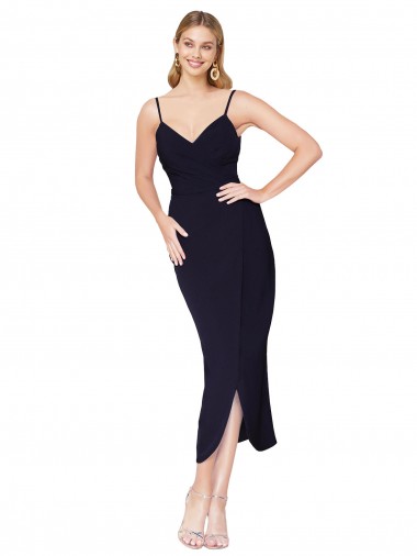 Buy High Neck Knee Length Stretch Crepe Dark Navy Sleeveless Evening Dress UK