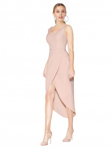 Buy High Neck Knee Length Stretch Crepe Mauve Sleeveless High Low Evening Dress UK