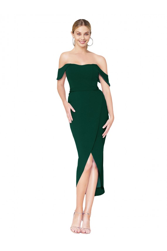 Buy High Neck Knee Length Stretch Crepe Midnight Green Sleeveless High Low Evening Dress UK