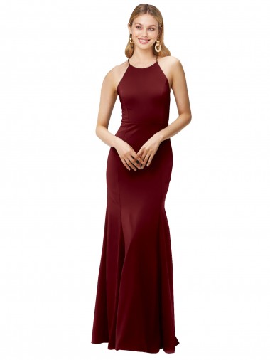 Buy High Neck Long Stretch Crepe Burgundy Gold Sleeveless Formal Evening Dress UK