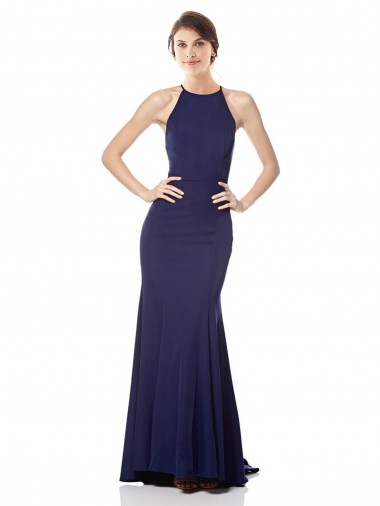 Buy High Neck Long Stretch Crepe Navy Blue Sleeveless Evening Dress UK