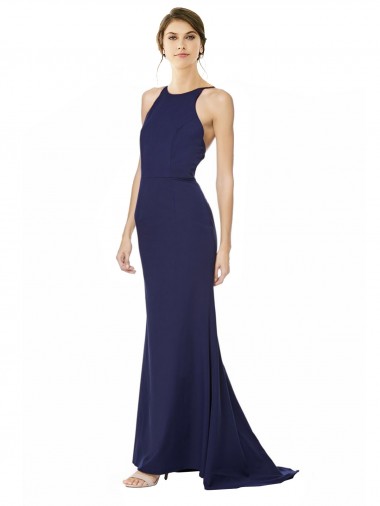 Buy High Neck Long Stretch Crepe Navy Blue Sleeveless Formal Evening Dress UK