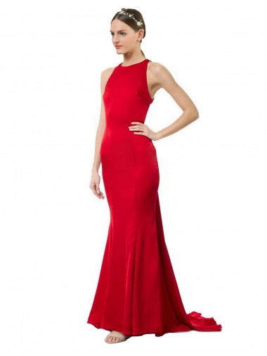 Buy High Halter Neck Long Stretch Crepe Red Sleeveless Formal Evening Dress UK