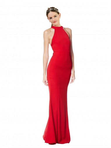 Buy High Neck Long Stretch Crepe Red Sleeveless Evening Gowns UK