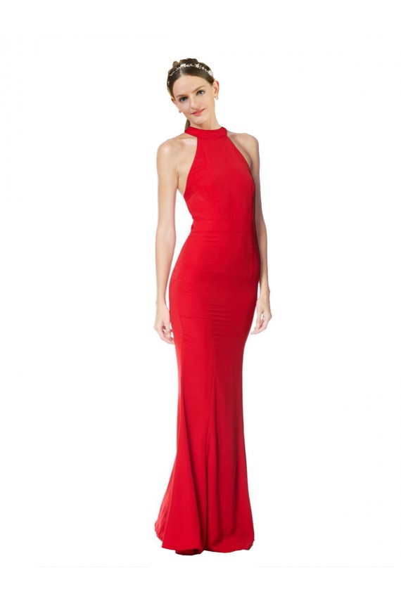 Buy High Neck Long Stretch Crepe Red Sleeveless Evening Gowns UK