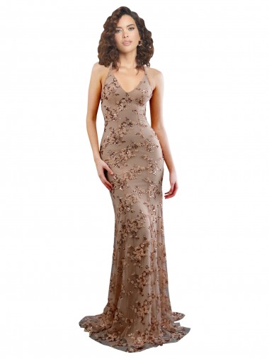 Buy High Neck Long Stretch Crepe & Sequin Tulle Rose Gold Sleeveless Formal Evening Dress UK