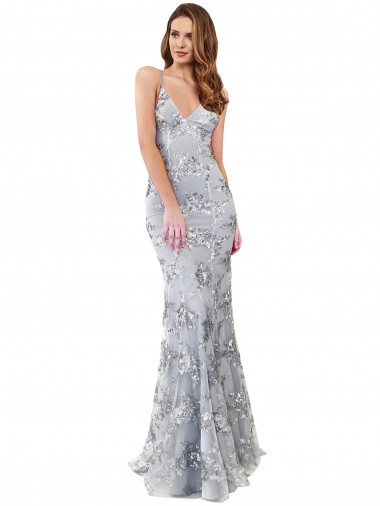 Buy High Neck Long Stretch Crepe & Sequin Tulle Silver Sleeveless Formal Evening Dress UK