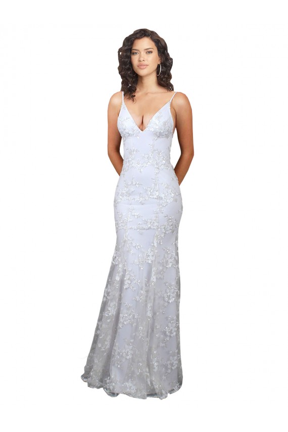 Buy High Neck Long Stretch Crepe & Sequin Tulle White Sleeveless Formal Evening Dress UK