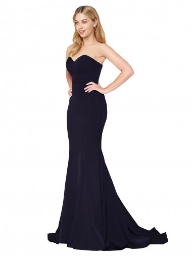 Buy High Neck Sweep Train Stretch Crepe Dark Navy Sleeveless Formal Evening Dress UK