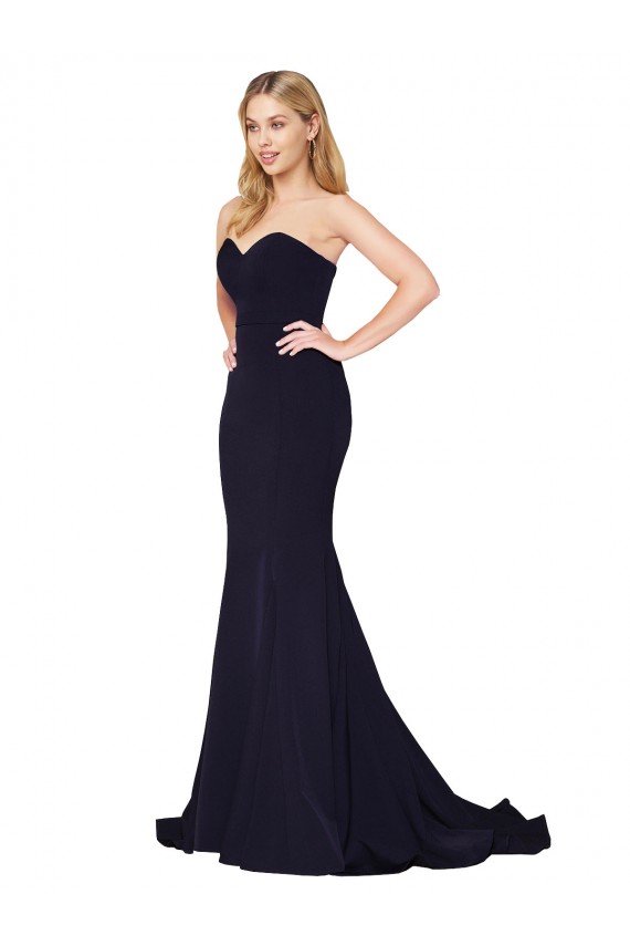 Buy High Neck Sweep Train Stretch Crepe Dark Navy Sleeveless Formal Evening Dress UK