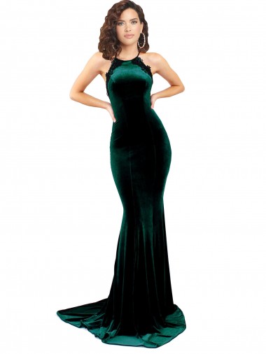 Buy High Neck Sweep Train Stretch Velvet Dark Green Sleeveless Formal Evening Dress UK