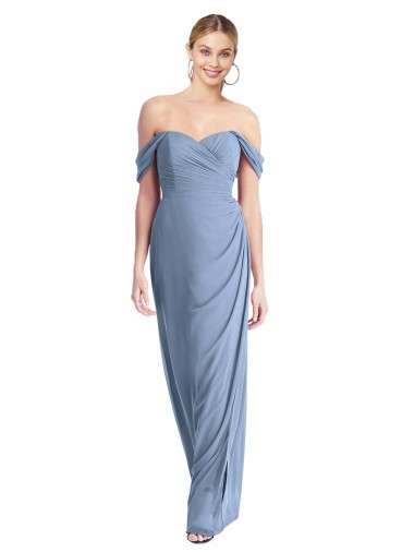 Buy Off the Shoulder Long Soft Chiffon Dusty Blue Sleeveless Semi Formal Evening Dress UK