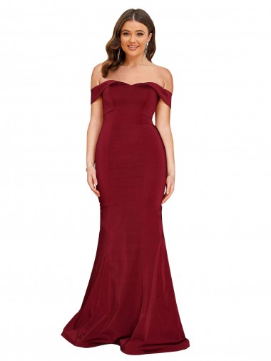 Buy Off the Shoulder Long Spandex Burgundy Sleeveless Plus Size Formal Evening Dress UK