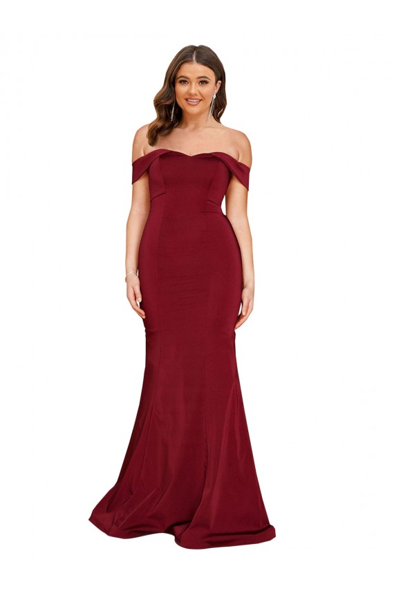 Buy Off the Shoulder Long Spandex Burgundy Sleeveless Plus Size Formal Evening Dress UK