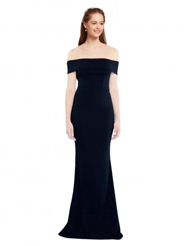 Buy Off the Shoulder Long Stretch Crepe Dark Navy Sleeveless Evening Dress UK