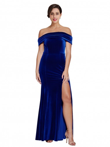 Buy Off the Shoulder Long Stretch Velvet Royal Blue Sleeveless Formal Evening Dress UK