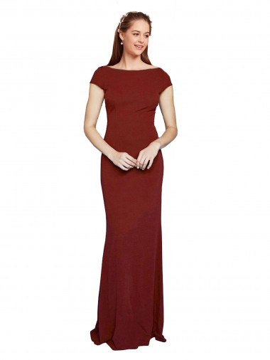 Buy Round Neck Long Stretch Crepe Burgundy Cap Sleeves Formal Evening Dress UK