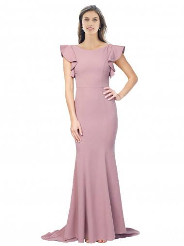 Buy Round Neck Sweep Train Stretch Crepe Dusty Pink Flutter Sleeves Formal Evening Dress UK