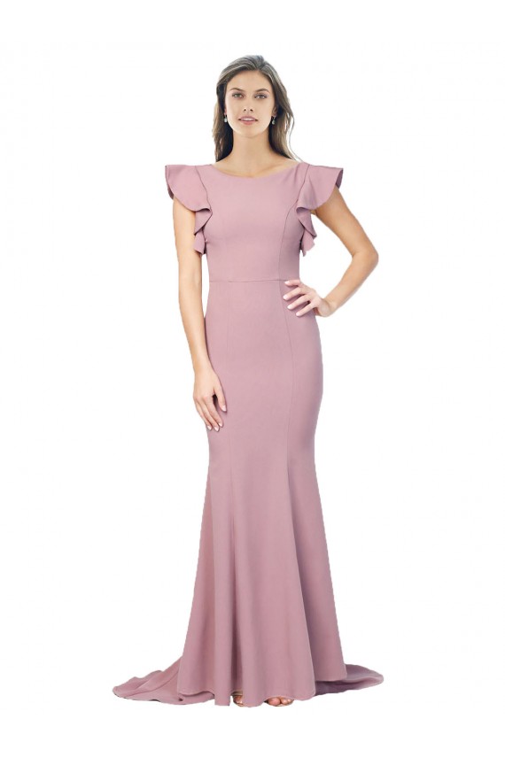 Buy Round Neck Sweep Train Stretch Crepe Dusty Pink Flutter Sleeves Formal Evening Dress UK