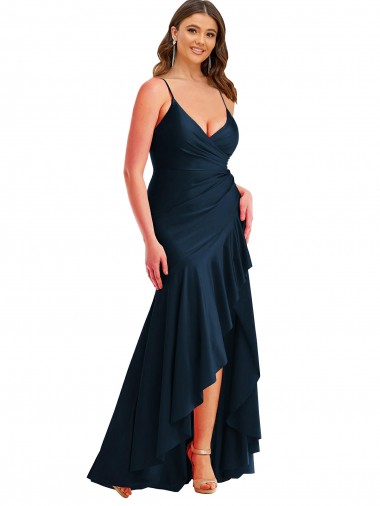 Buy Spaghetti Straps Long Silky Satin Dark Navy Sleeveless High Low Plus Size Evening Dress UK