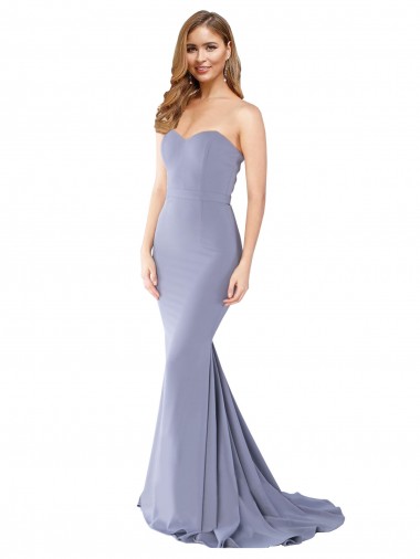 Buy Strapless Long Stretch Crepe Smoke Blue Sleeveless Formal Evening Dress UK