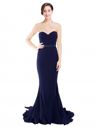 Buy Strapless Sweep Train Stretch Crepe Dark Navy Sleeveless Semi Formal Evening Dress UK