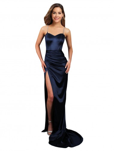 Buy Sweetheart Long Stretch Satin Dark Navy Sleeveless Formal Evening Dress UK