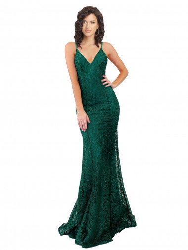 Buy V-Neck Long Lace Dark Green Sleeveless Black Tie Evening Dress UK