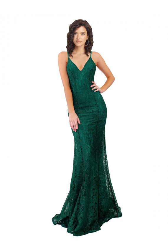 Buy V-Neck Long Lace Dark Green Sleeveless Black Tie Evening Dress UK