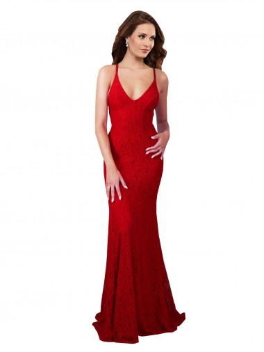 Buy V-Neck Long Lace Red Sleeveless Evening Dress UK