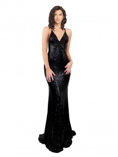 Buy V-Neck Long Sequin Black Sleeveless Black Tie Evening Dress UK