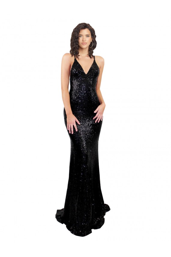 Buy V-Neck Long Sequin Black Sleeveless Black Tie Evening Dress UK