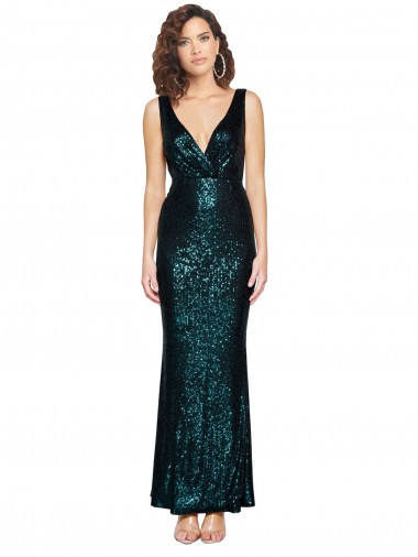 Buy V-Neck Long Sequin Dark Green Sleeveless Evening Dress UK