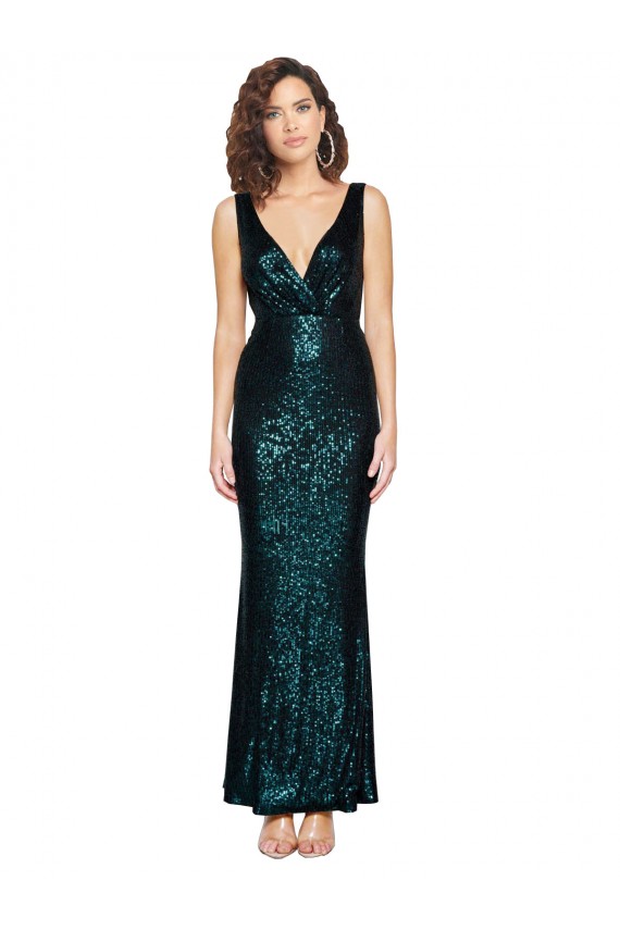 Buy V-Neck Long Sequin Dark Green Sleeveless Evening Dress UK