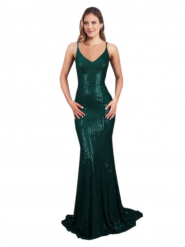 Buy V-Neck Long Sequin Dark Green Mermaid Sleeveless Formal Evening Dress UK