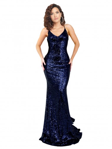 Buy V-Neck Long Sequin Dark Navy Sleeveless Formal Evening Dress UK