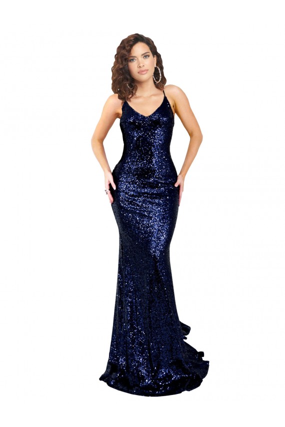 Buy V-Neck Long Sequin Dark Navy Sleeveless Formal Evening Dress UK