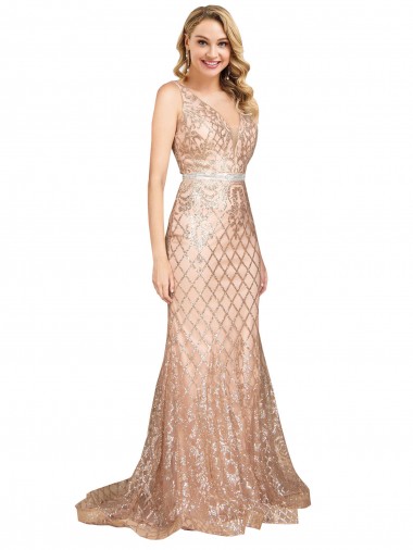 Buy V-Neck Long Sparkling Sequin Rose Gold Sleeveless Plus Size Formal Evening Dress UK