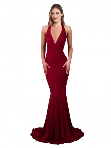 Buy V-Neck Long Spandex Burgundy Sleeveless Formal Evening Dress UK