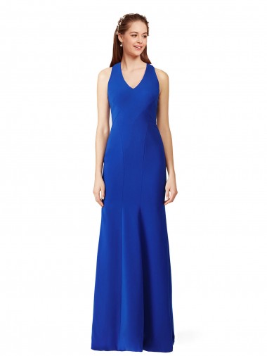 Buy V-Neck Long Stretch Crepe Royal Blue Sleeveless Formal Evening Dress UK