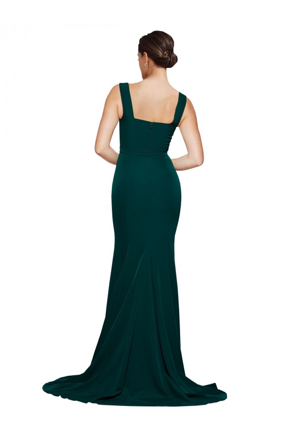 Buy Square Neck Sweep Train Stretch Crepe Midnight Green Sleeveless Semi Formal Evening Dress UK