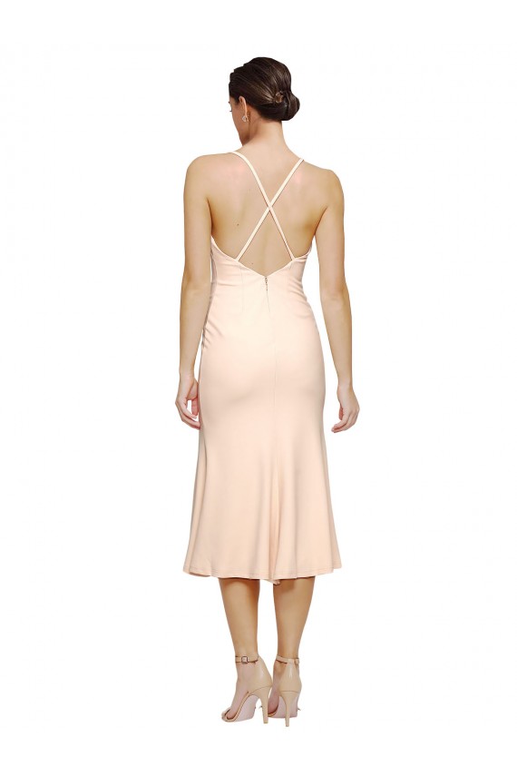 Buy V-Neck Midi Length Stretch Crepe Nude Sleeveless Evening Dress UK