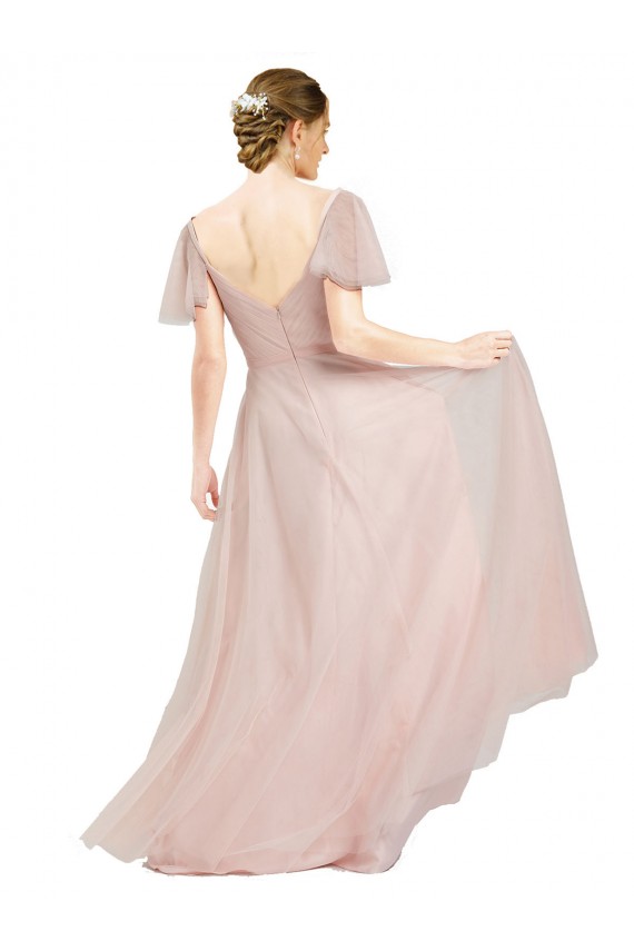 Buy V-Neck Long Tulle Pink Flutter Sleeves Evening Dress UK