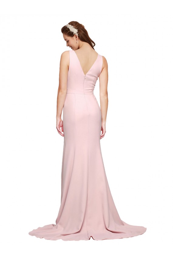 Buy V-Neck Sweep Train Stretch Crepe Pink Sleeveless Black Tie Evening Dress UK