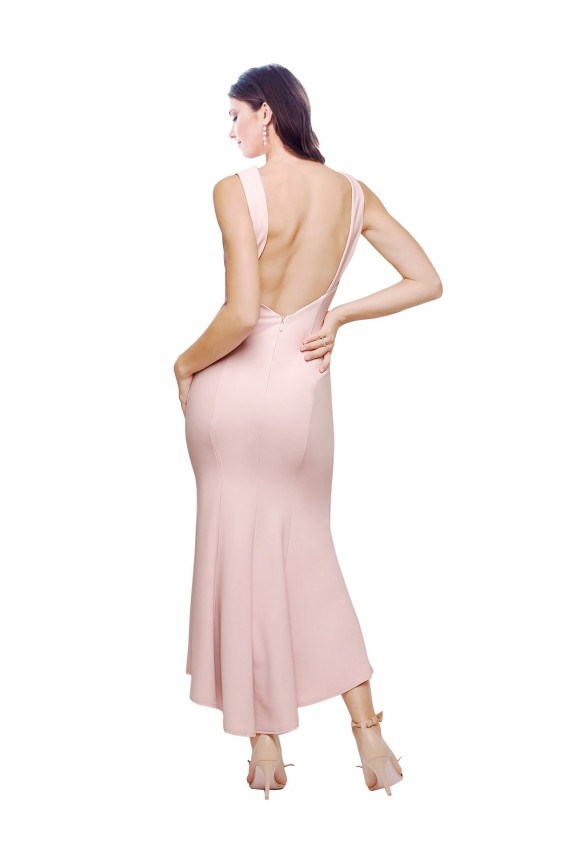 Buy High Neck Midi Length Stretch Crepe Pink Sleeveless High Low Evening Dress UK