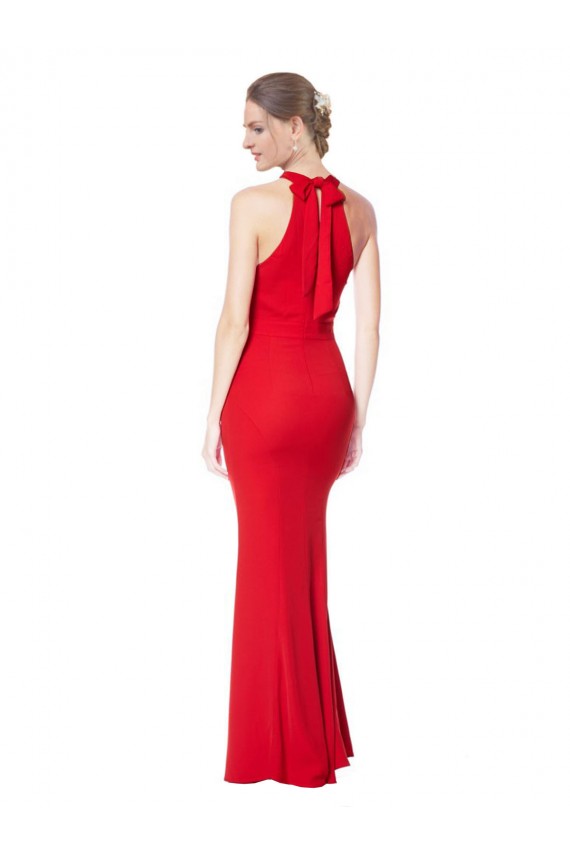 Buy High Neck Long Stretch Crepe Red Sleeveless Evening Gowns UK