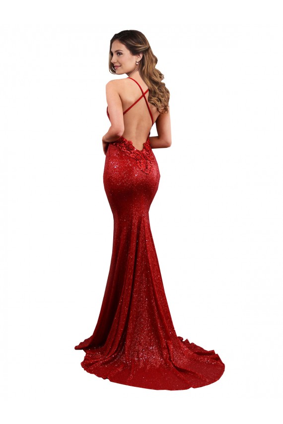 Buy V-Neck Long Sequin Red Sleeveless Evening Dress UK