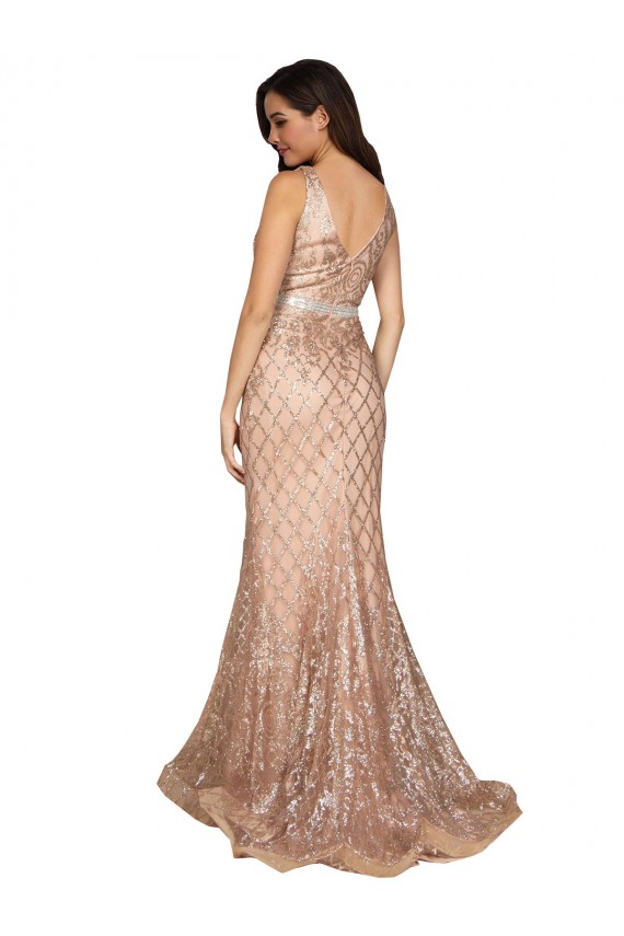 Buy V-Neck Long Sparkling Sequin Rose Gold Sleeveless Plus Size Formal Evening Dress UK